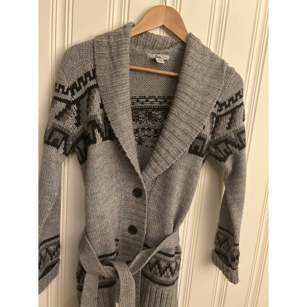 Bass Women XS Gray Belted Wool Blend Y2K Fair Isle Nordic Longline Cardigan